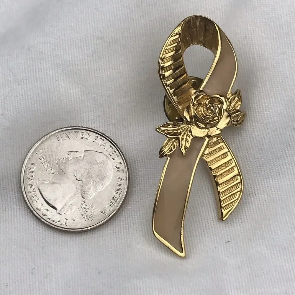 Avon Gold Tone Pink Awareness Ribbon Rose Lapel Pin Vintage Brooch